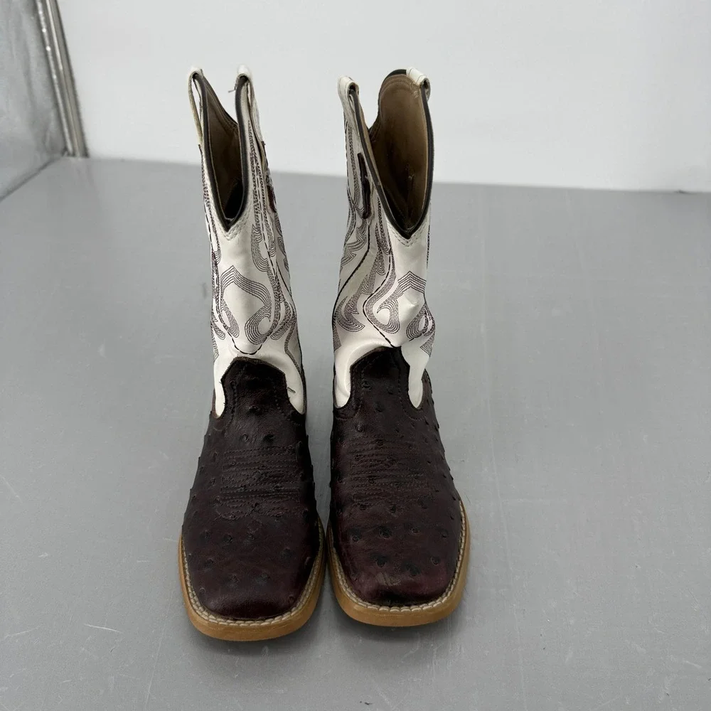 Roper Kids Faux Ostrich Square Toe Western Cowboy Boots Brown White Size 2